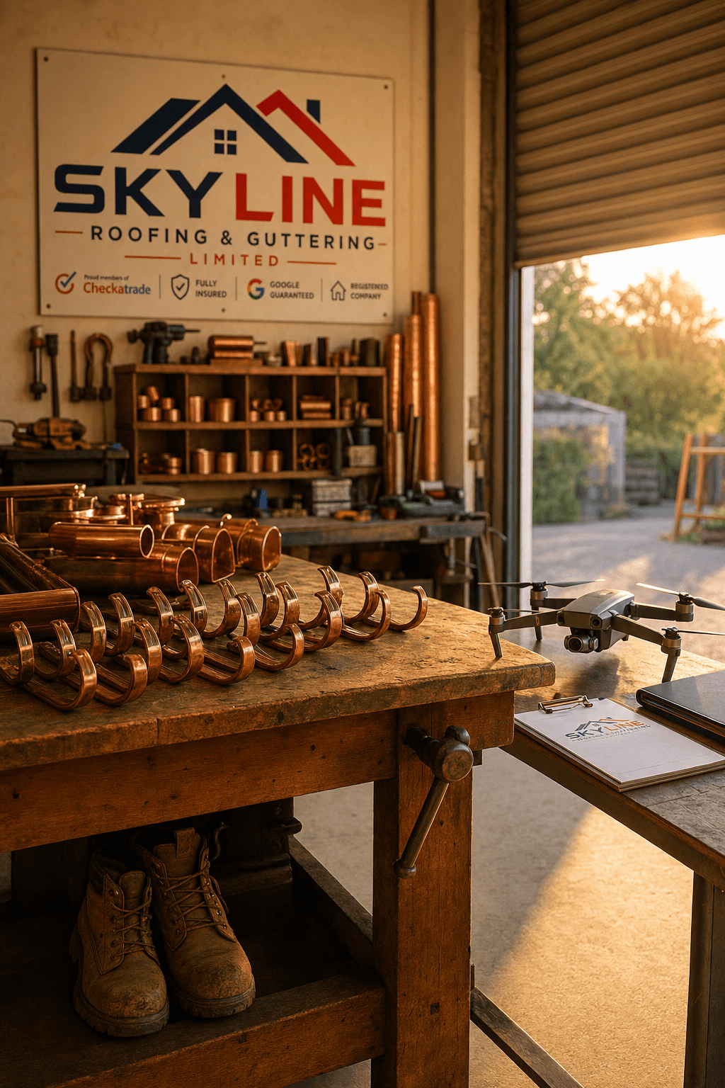 Copper guttering fittings and a docked drone on a workshop bench in warm August afternoon light