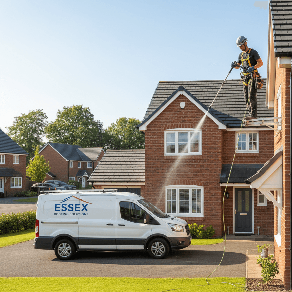 Roofer in safety gear cleaning gutter on two-storey house in daylight
