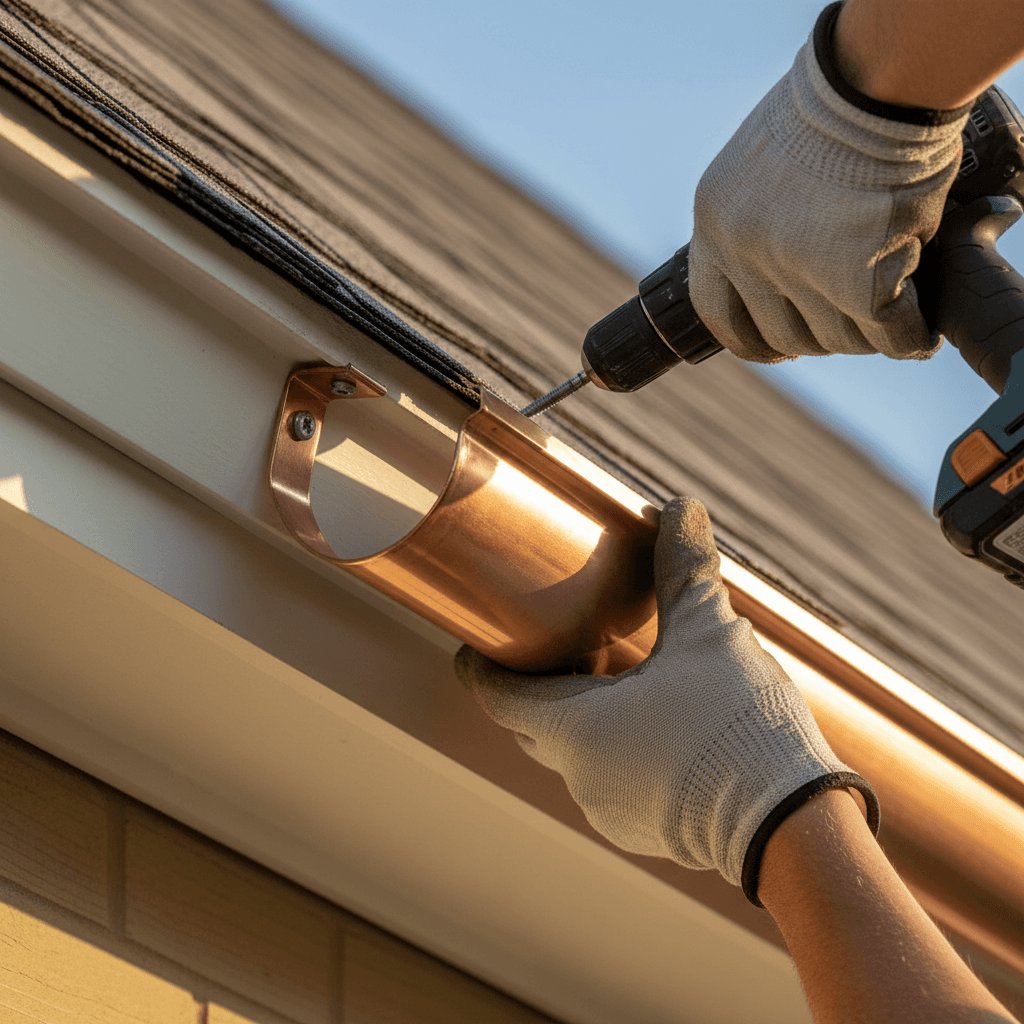 Professional roofer fitting guttering on a home
