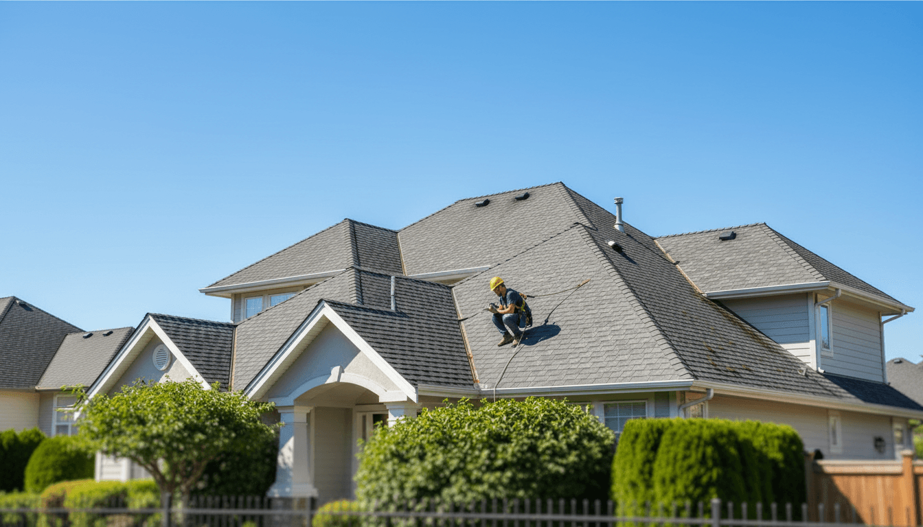 Professional roofer inspecting flat roof with GRP fibreglass on residential home