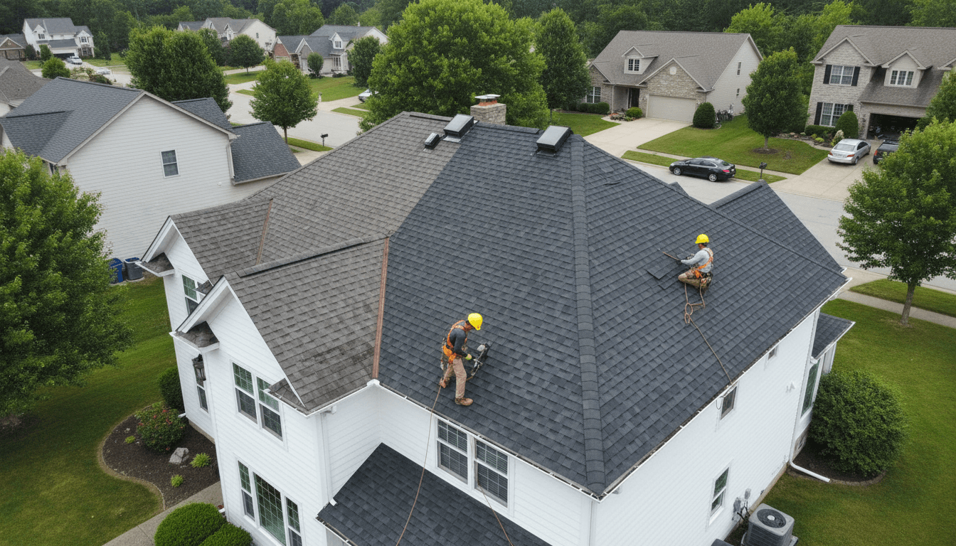 Professional roofer working on a roof ridge with clear blue sky